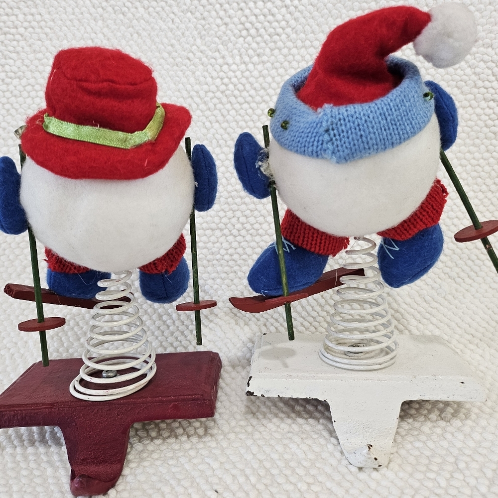 Skiing Snowman Stocking Holders Set Mr & Mrs Handmade Metal Set - Picture 12 of 12